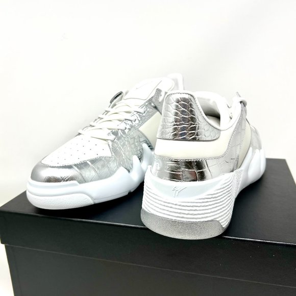 GIUSEPPE ZANOTTI Birel Vague Bianco White & Silver Croc Leather Mens Sneakers